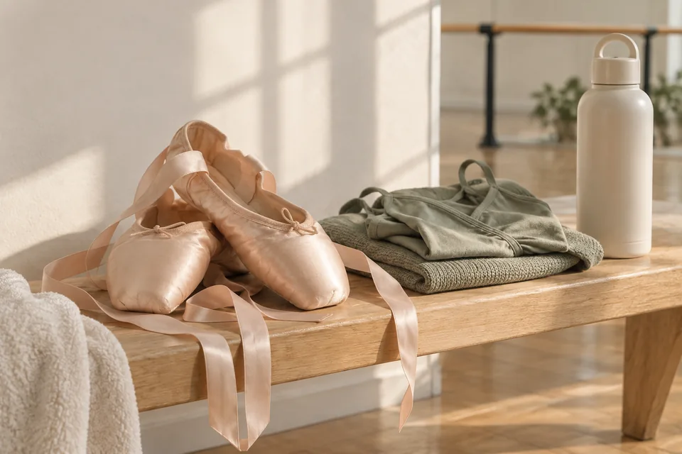 Ballet slippers, sage dancewear, and a water bottle on a studio bench