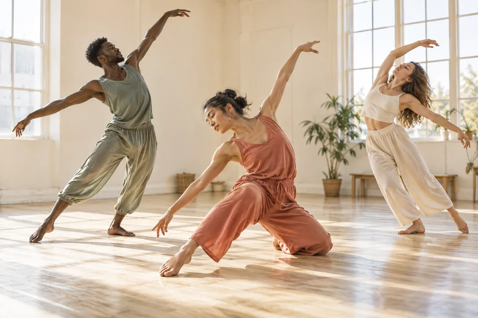 Three dancers rehearsing in a bright, sunlit studio
