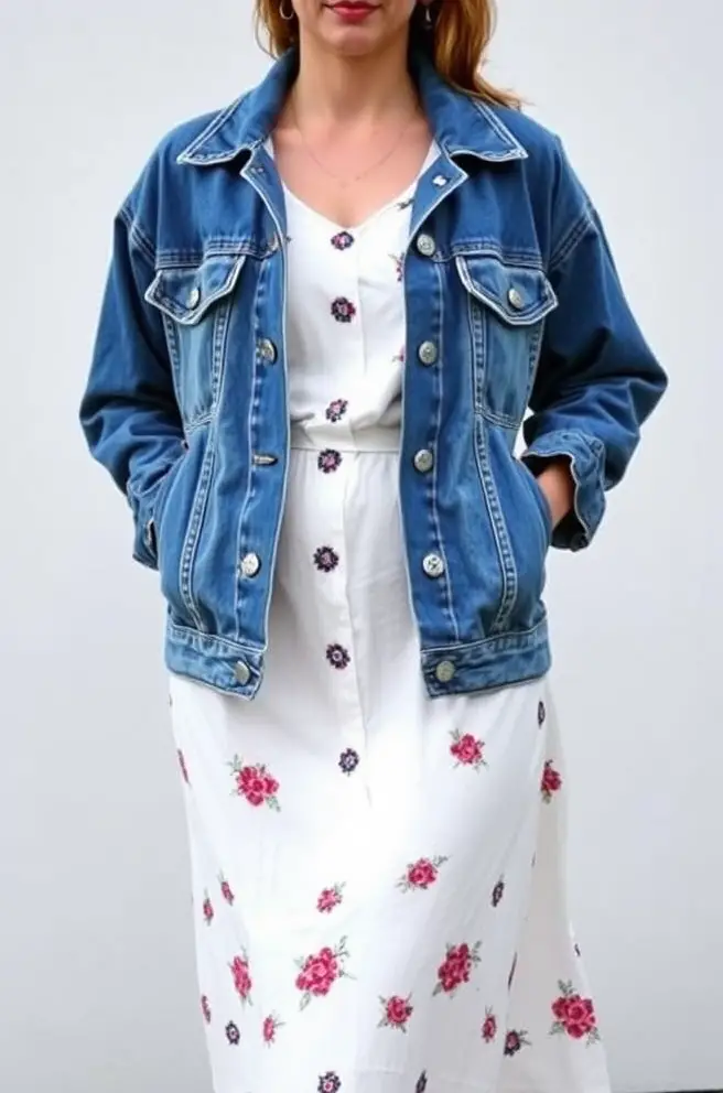 80s Outfits Women: A Classic Denim Jacket with Midi Dress Outfit Idea