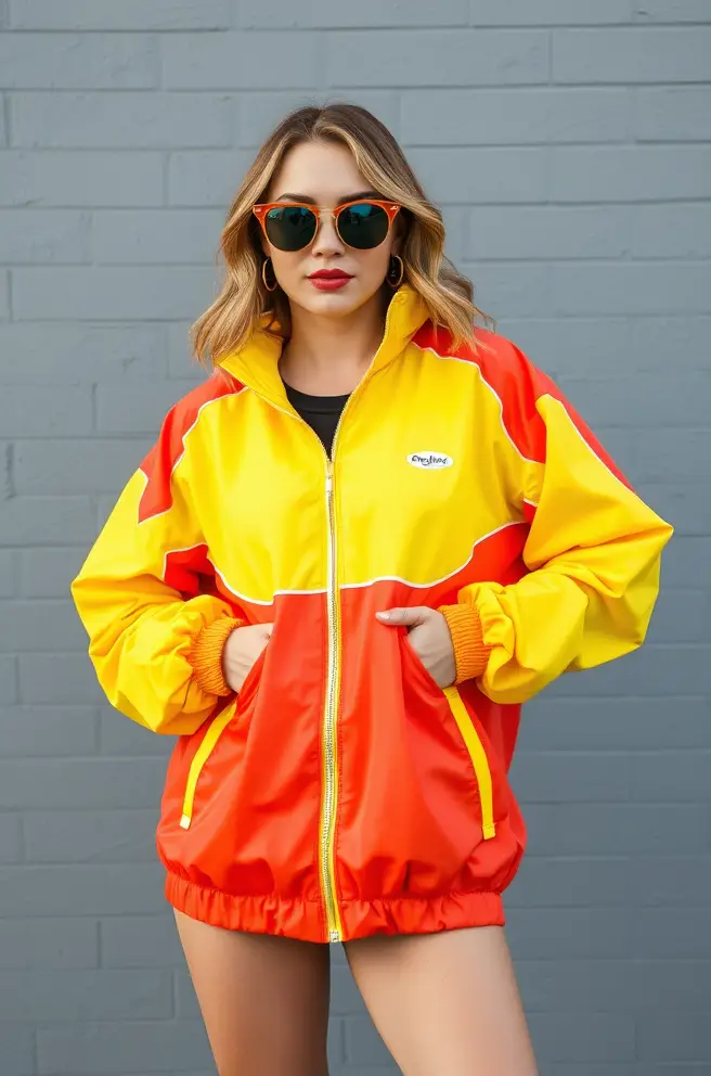 80s Outfits Women: A Fun Neon Windbreaker Outfit Idea