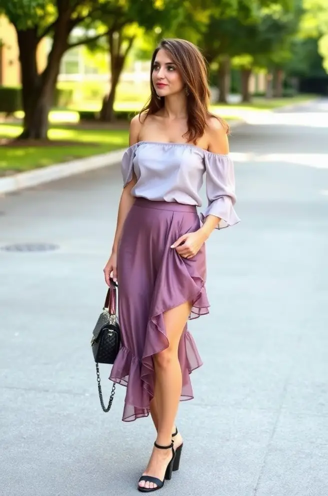 80s Outfits Women: A Playful Ruffled Skirt and Off-the-Shoulder Top Outfit Idea