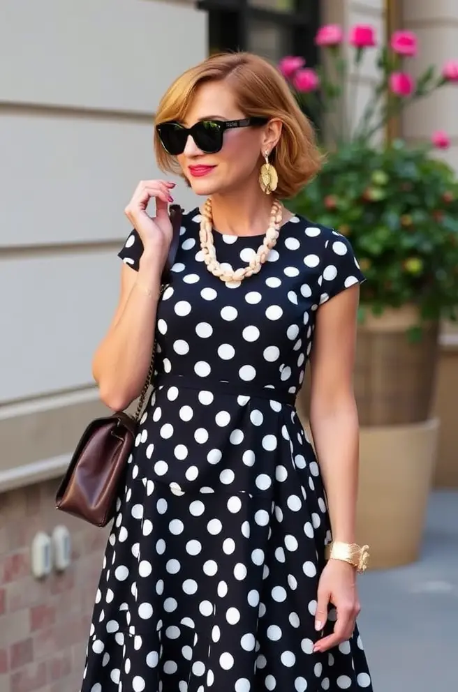 80s Outfits Women: A Timeless Polka Dot Dress with Statement Accessories Outfit Inspo