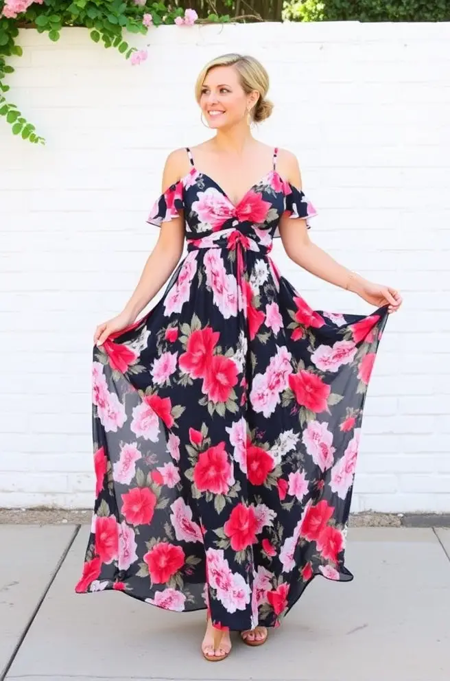 Beautiful Floral Maxi Dress Outfit Idea for Baby Shower Outfits