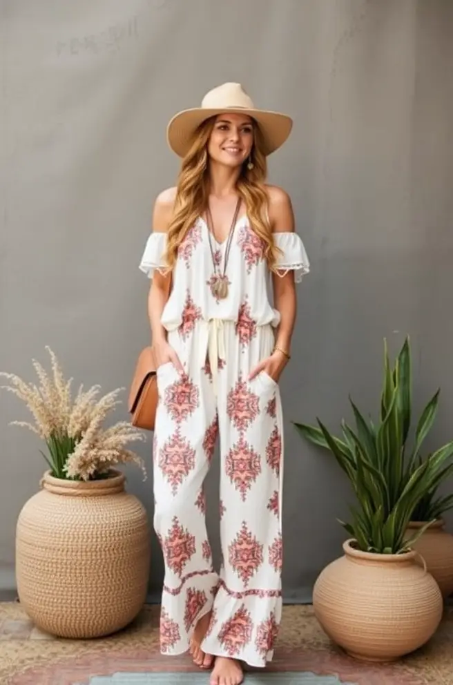 Bohemian Cottagecore Outfit Idea Featuring a Boho-Style Jumpsuit