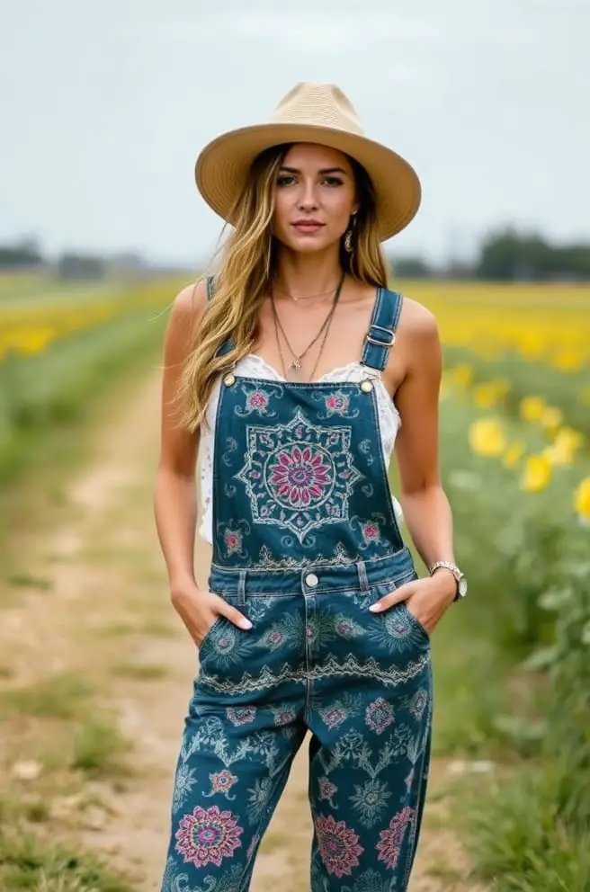 Boho Country Glam Outfit Inspo with Printed Overalls