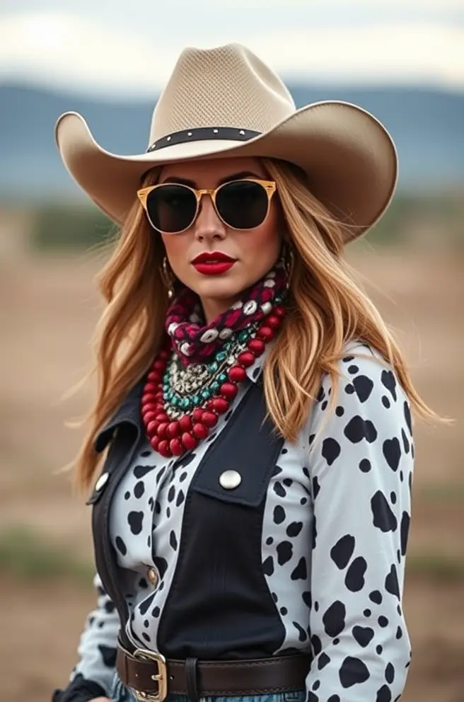 Bold Cowboy Outfit Idea for Women with Eye-Catching Accessories