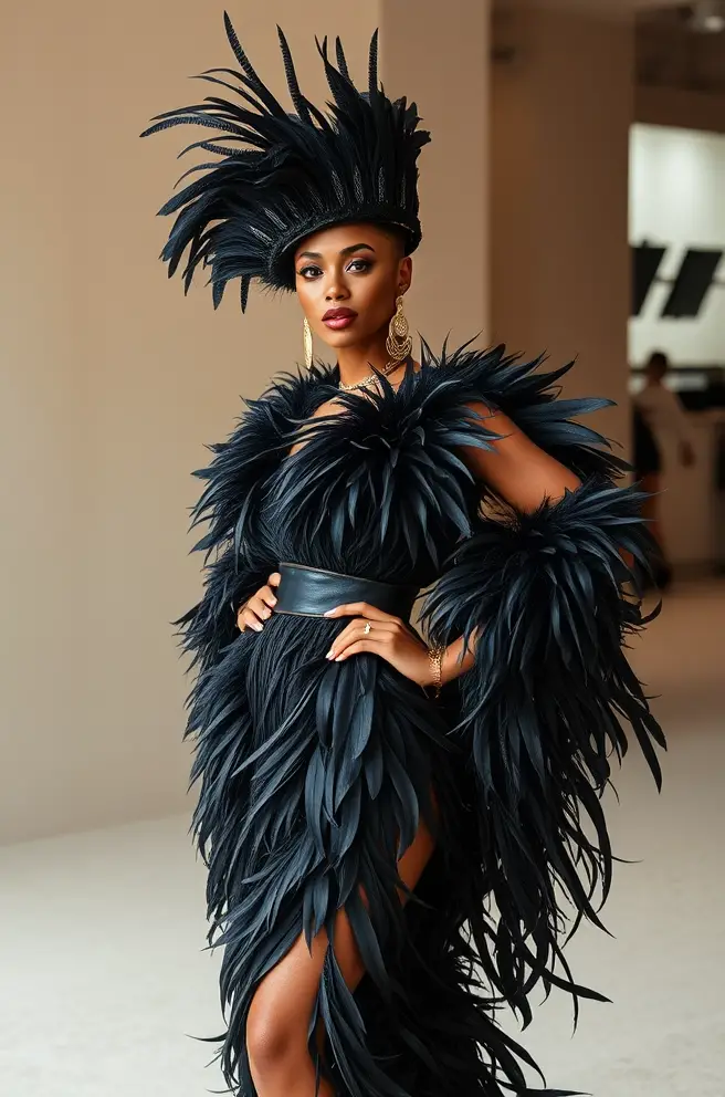 Bold Grammy Outfit 2024 Concept: Fierce Feathered Ensemble