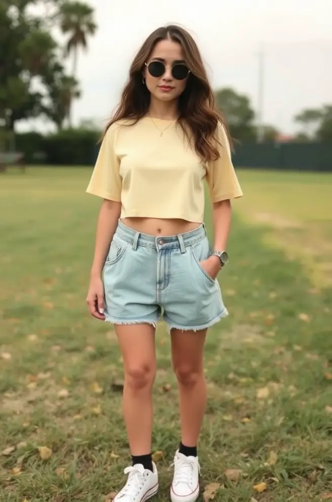 Casual 90s Outfit Inspiration: The Ultimate Combo of Baggy Shorts and Crop Tops