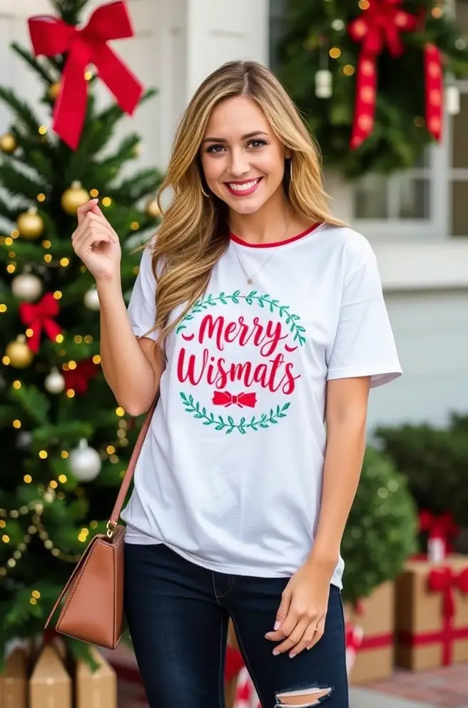 Casual Christmas Outfit Style with Festive Graphic Tee
