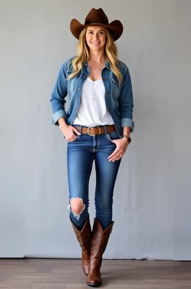 Casual Cowboy Outfit Inspo for Women with Denim and Boots