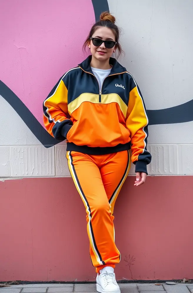 Chic 90s Outfit Style: Sporty Tracksuit with Bold Colors