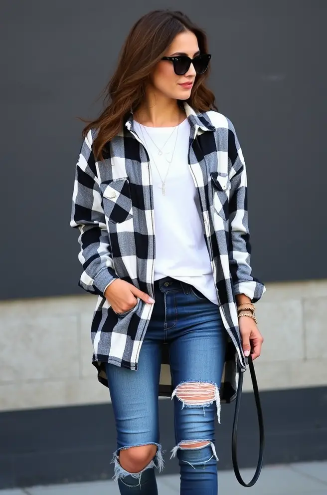 Chic Grunge Outfit Idea with Oversized Flannel Shirt and Ripped Jeans