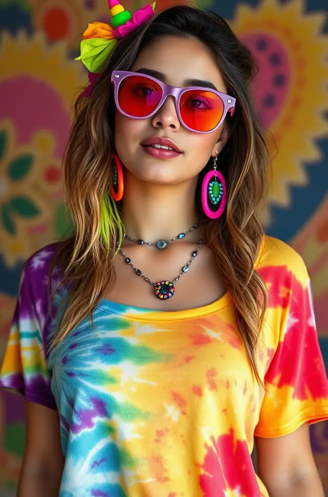 Colorful Rave Outfit Concept for Women: Tie-Dye and Fun Accessories