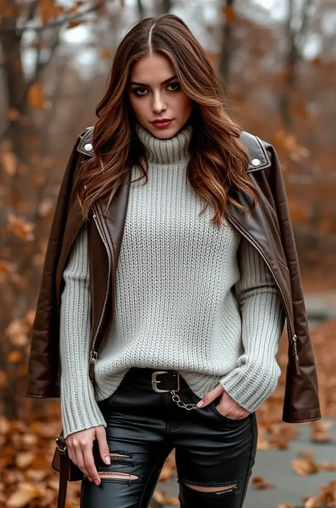 Edgy Fall Outfit Inspo Combining Leather and Cozy Knits