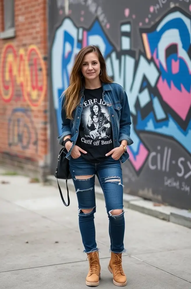 Effortless Grunge Outfit Idea Combining Distressed Denim and Band Tee