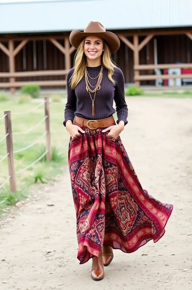 Elegant Cowboy Outfit Idea for Women with a Flowing Maxi Skirt