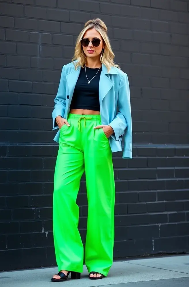 Fashion-Forward Neon Outfits: ColorfulWide-Leg Pants for a Casual Chic