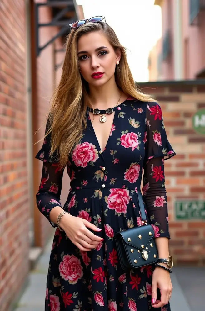 Feminine Grunge Outfit Idea with Floral Dress and Studded Accessories