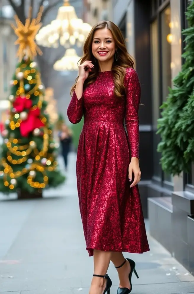 Glamorous Christmas Outfit Look with an A-Line Glitter Dress