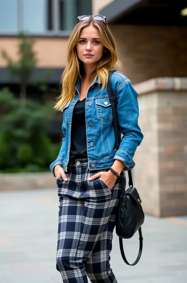 Modern Grunge Outfit Idea Featuring a Denim Jacket and Plaid Pants