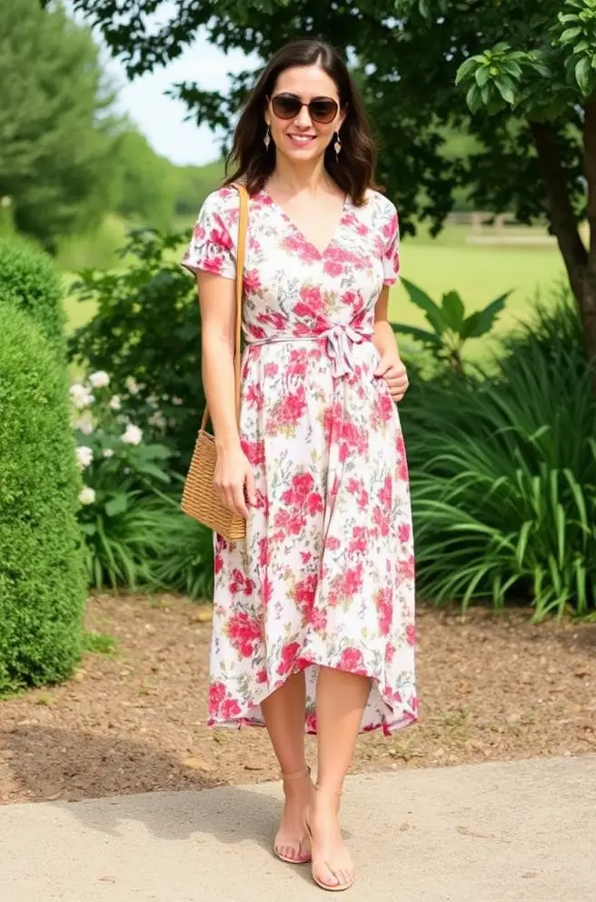 Nanny Outfit Inspiration: Playful Floral Midi Dress Perfect for Outdoor Activities