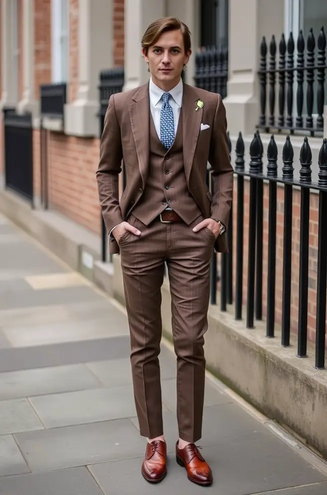 Old Money Outfits Men: Dapper Brogue Shoes and Suit Outfit Idea