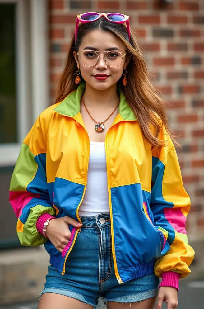 Playful 90s Outfit Creation: Vibrant Windbreakers and Matching Accessories