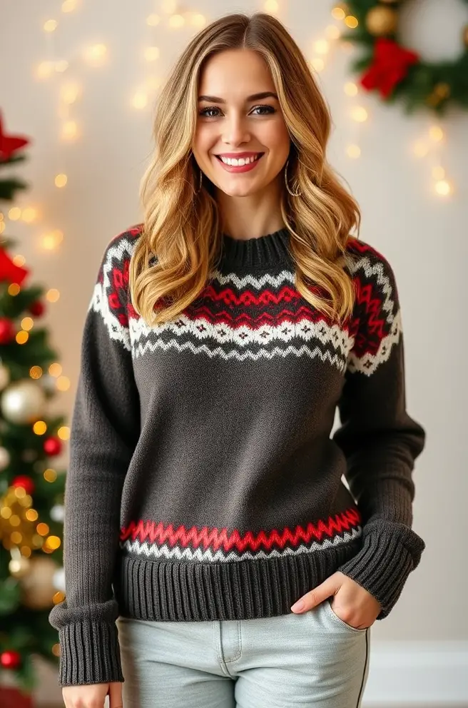 Playful Christmas Outfit Concept with a Patterned Knit Sweater