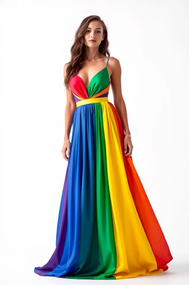 Pride Outfit Concept: Elegant Maxi Dress Featuring Bold Pride Colors