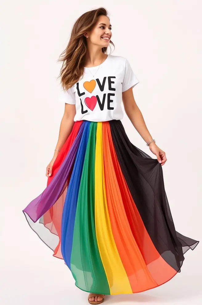 Pride Outfit Design: Flowy Skirt Matched with a Graphic Tee Celebrating Love