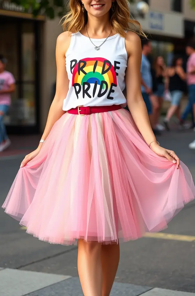 Pride Outfit Flair: Playful Tulle Skirt Paired with a Fun Pride-Themed Top
