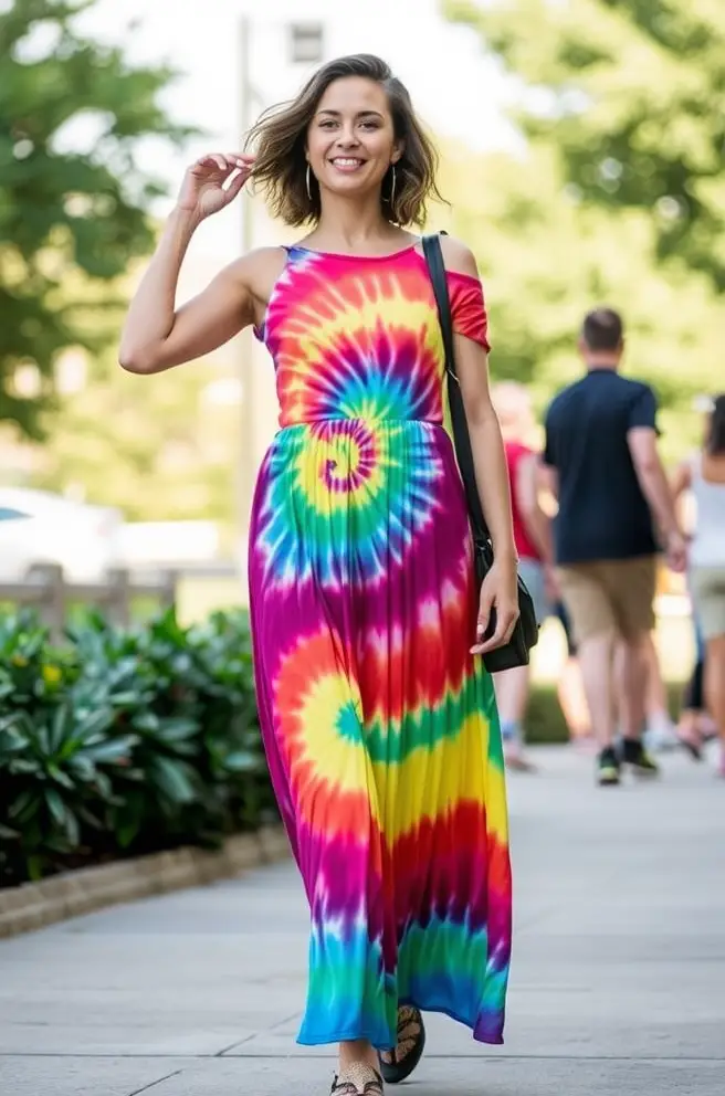 Pride Outfit Idea: Vibrant Rainbow Tie-Dye Dress for Celebrating Diversity