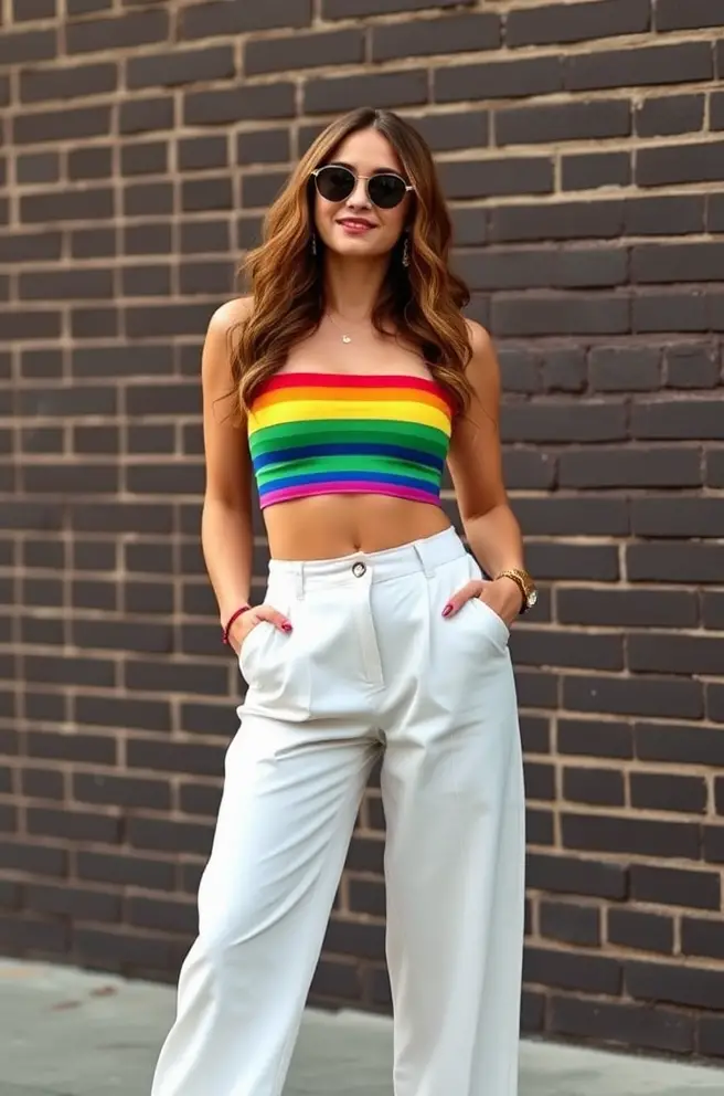 Pride Outfit Inspiration: Chic High-Waisted Pants with a Colorful Crop Top