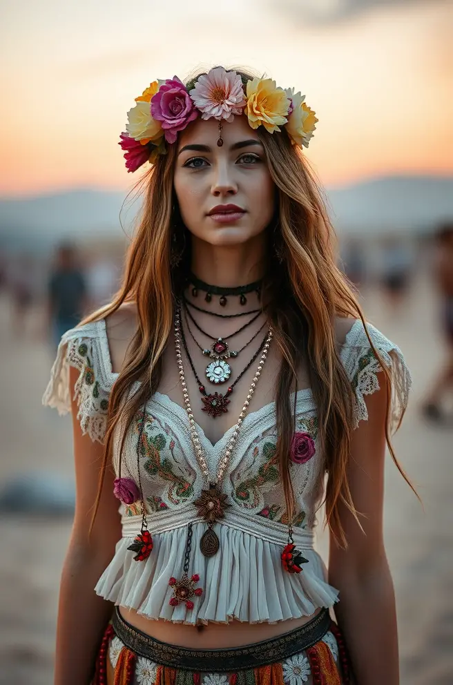 Romantic Burning Man Outfit Ensemble Embellished with Flowers