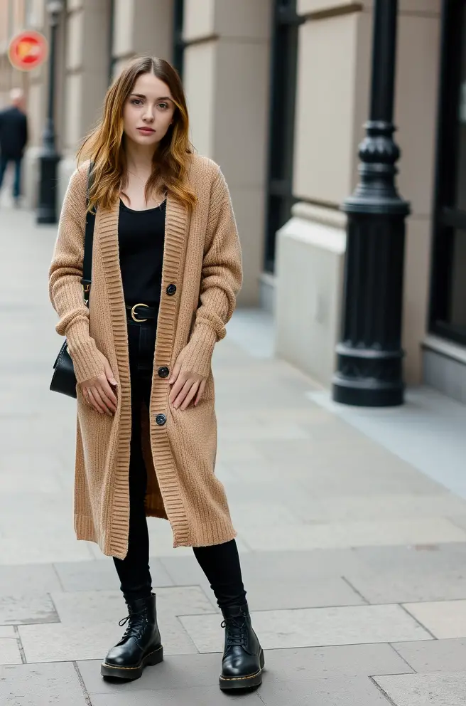 Street Style Grunge Outfit Idea Incorporating a Long Cardigan and Doc Martens