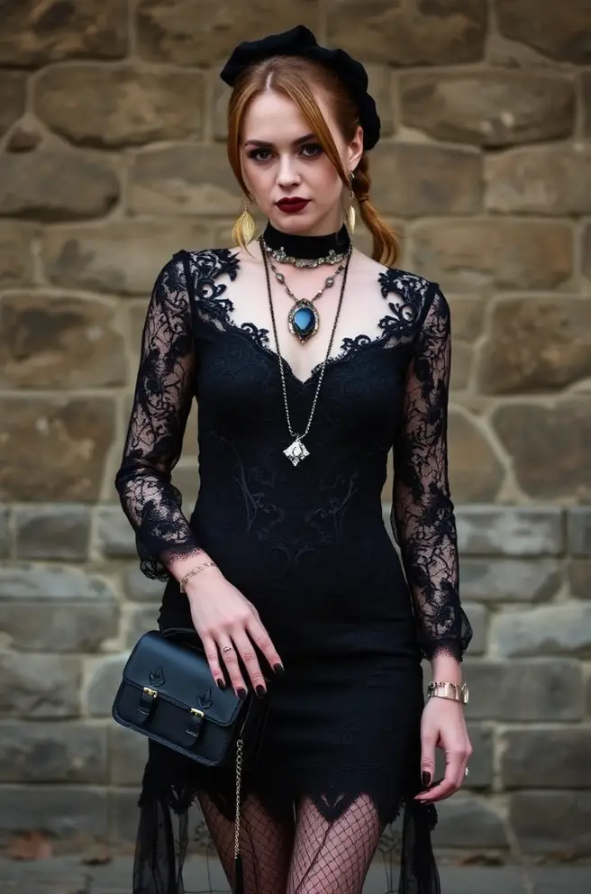 Trad Goth Outfit Inspiration: An Elegant Black Lace Dress with Accessories