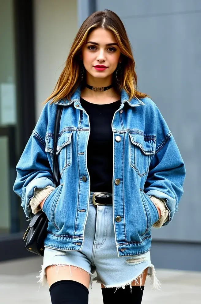 Trendy 90s Outfit Suggestion: Oversized Denim Jacket with a Grunge Twist