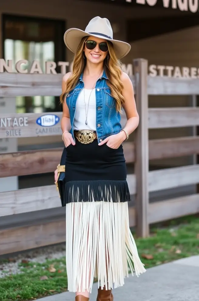 Trendy Country Glam Outfit Idea with a Fringe Skirt