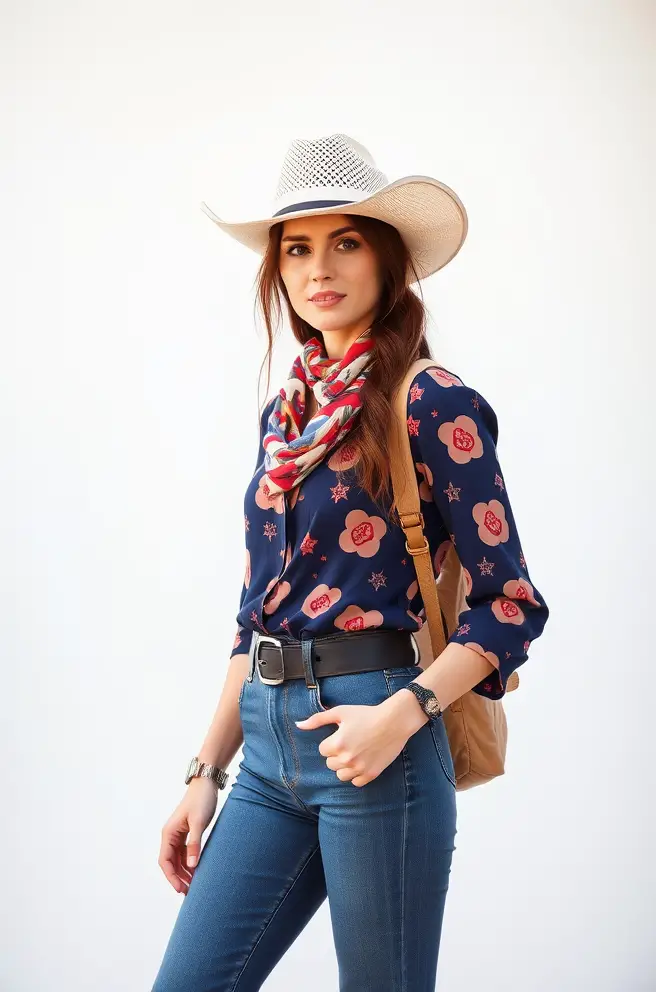 Trendy Cowboy Outfit Idea for Women with Pattern Mixing