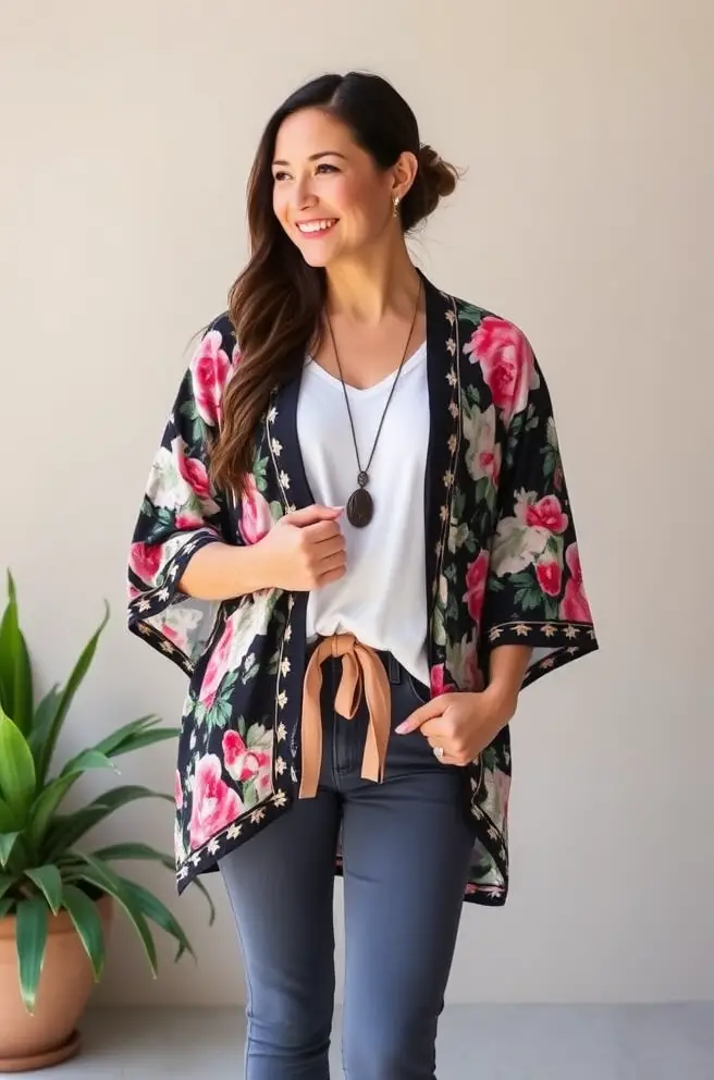 Trendy Kimono Jacket Outfit Idea to Layer Your Baby Shower Outfits