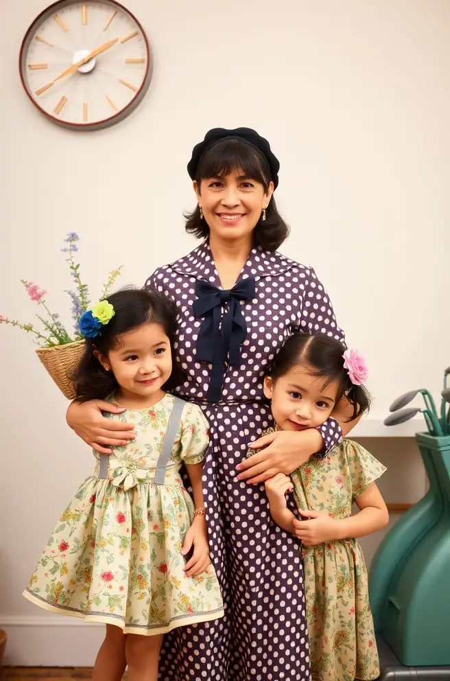 Vintage-Inspired Family Photo Outfit Idea for Women with Retro Styles